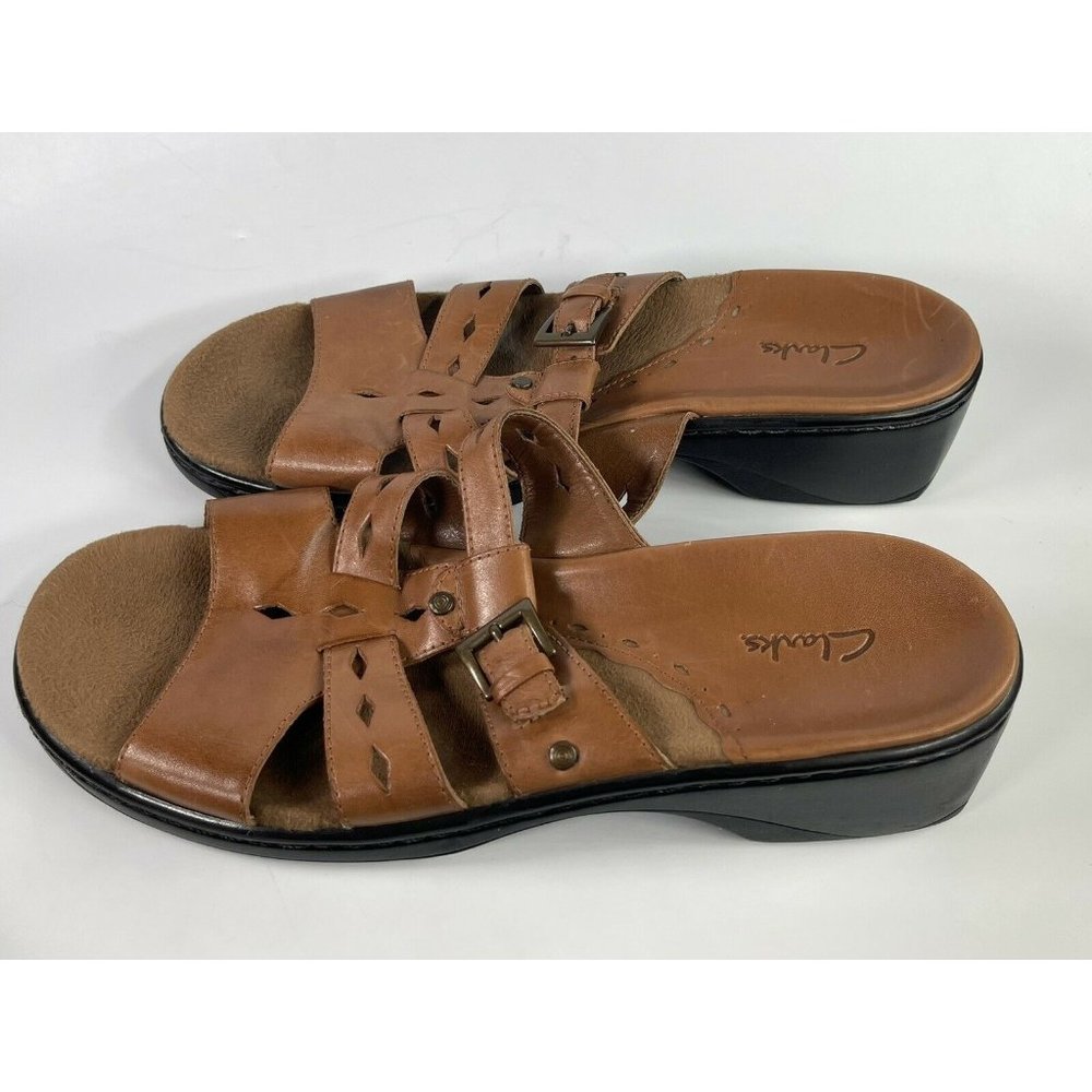 Clarks Women's Shoes Brown Leather Sandal Slip on Open Toe  Size 8.5 EUR  39.5